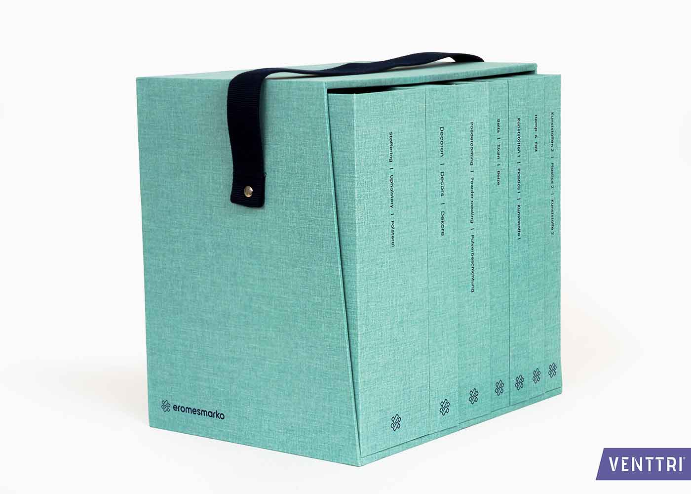 Präsentationsbox aus mintfarbenem Leinen mit Mappen und Trageschlaufe